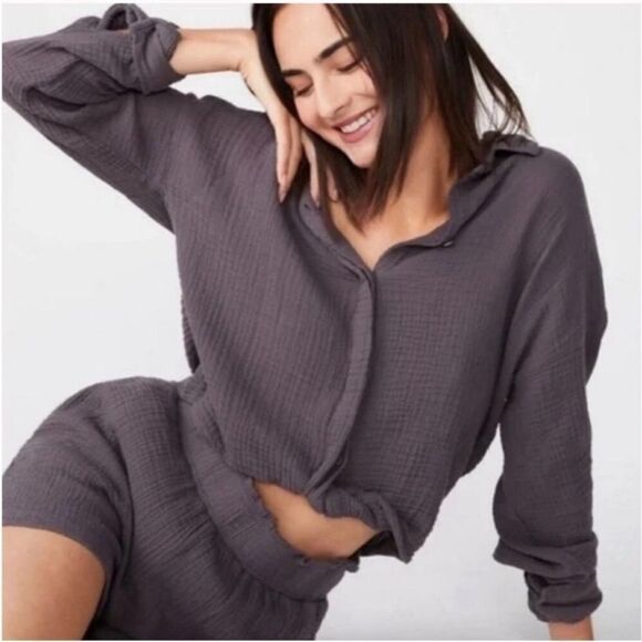 MONROW Relaxed Cotton Gauze Button Down Shirt Twist Front Gray Size Large - Picture 3 of 11